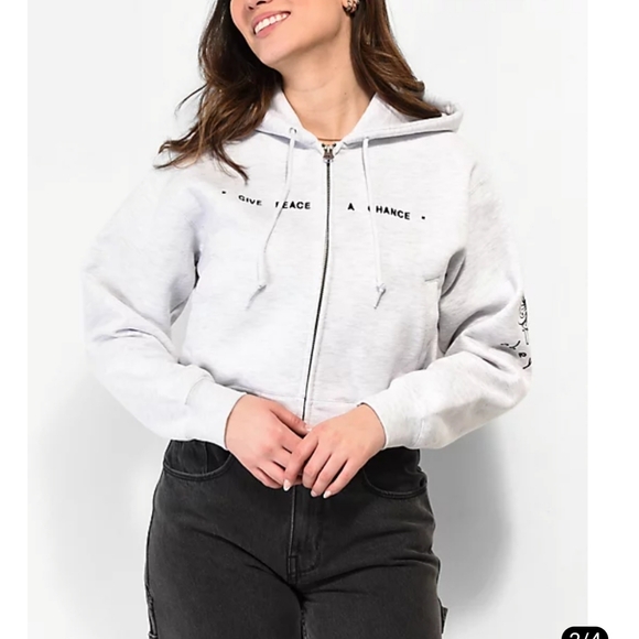 Obey Axel Give Peace Grey Crop Zip Hoodie Graphic Embroidered Edgy Sz Small - Picture 3 of 11